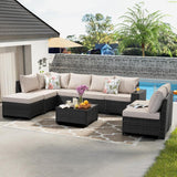 Jing's Villa 9-Piece Patio Furniture Set, All-Weather Outdoor Wicker Sectional Sofa with Cushions, Tempered Glass Table & Ottoman, Rattan Conversation Seating for Porch, Garden, Backyard,Beige Jing's Villa