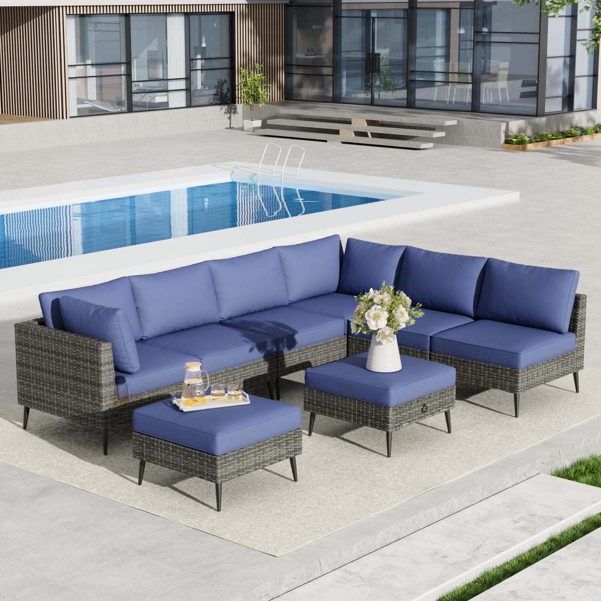 LVUYOYO 8 Pieces Outdoor Patio Furniture Set, Wicker Sectional Sofa Set for All-Weather, Rattan Conversation Sets with Cushions and Storage for Deck, Backyard, Porch (Grey) LVUYOYO