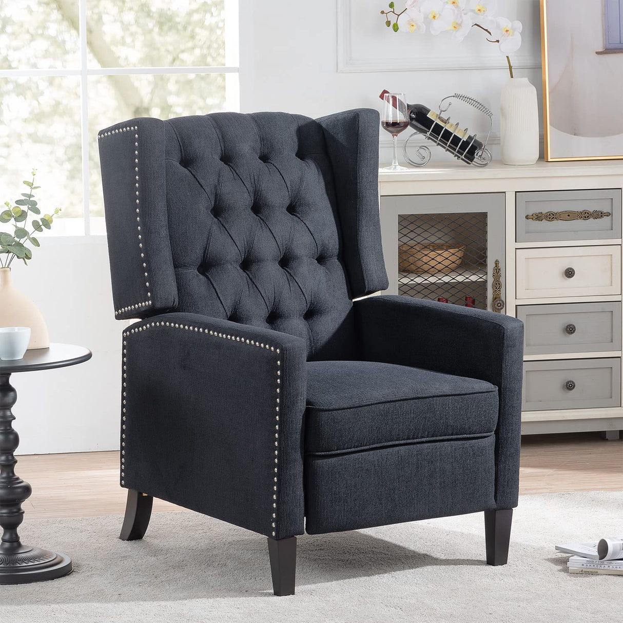 Black Fabric Recliner Chair for Adults Accent Wingback Chair Mid-Century Modern Recliner Tufted Chairs Living Room Armchair for Bedrooms Reading Recliner 27" Wide Vaztrlus