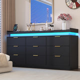9 Drawer Dressers for Bedroom, Black Dresser with LED Lights and Power Outlet, Large Dresser Wooden Long Dresser, Double Wide Drawer Triple Dresser for Bedroom, Living Room, Entryway, Hallway knoworld