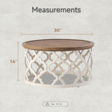 COZAYH Farmhouse Coffee Table, Distressed Tray Top Table with Curved Motif Frame Base for Boho, Rustic, French Country Decor, Round, White COZAYH