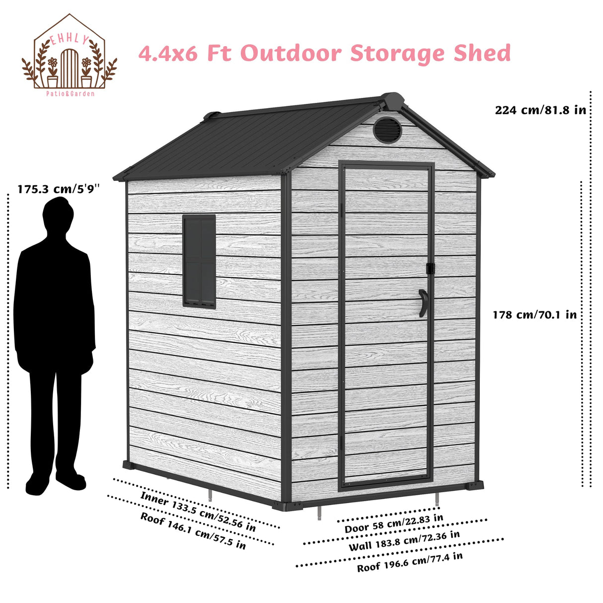 EHHLY 4.4x6 FT Resin Outdoor Storage Shed Large, 230 Cuft Garden Tool Sheds & Outdoor Storage Plastic Shed with Floor, 7FT Tall Backyard Outside Lawn Mower Storage Shed with Side Window, Cemented Grey EHHLY