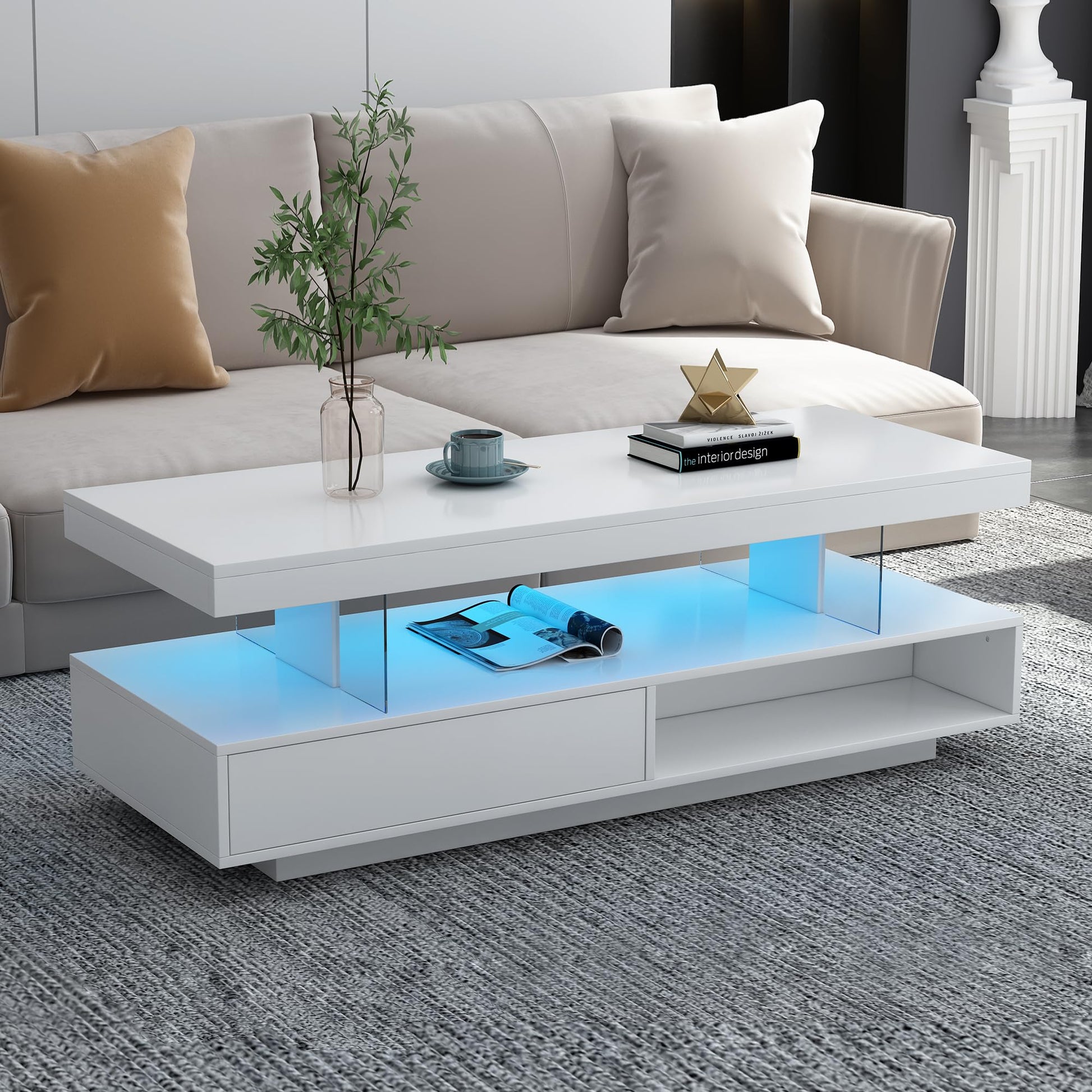 LED Coffee Table with Storage, Modern Center Table with Open Display Shelf & 2 Double Sliding Drawers, Accent Furniture with LED Lights for Living Room, Easy Assembly (White-HH80) - WoodArtSupply