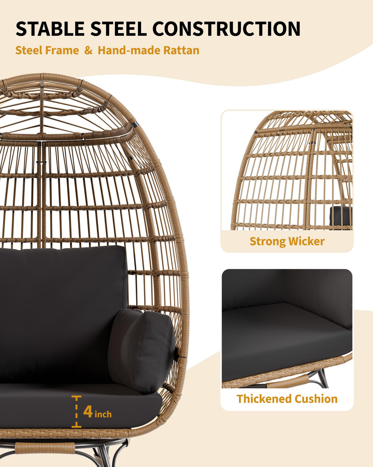Hipicute 360° Swivel Egg Chair Outdoor, Oversized Wicker Egg Chairs with 4 Cushions for Indoor Bedroom Living Room, Rattan Egg-Shaped Lounge Chair w/Steel Frame for Balcony, Patio, Backyard, Black Hipicute