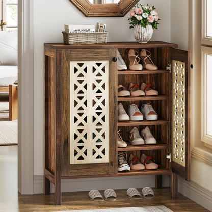 Tribesigns 5-Tier Shoe Cabinet with Doors, 25 Pairs Farmhouse Shoe Organizer, All-Wood Freestanding Shoe Storage Cabinet with Adjustable Shelves for Entryway, Hallway, Living Room, Brown & Be - WoodArtSupply