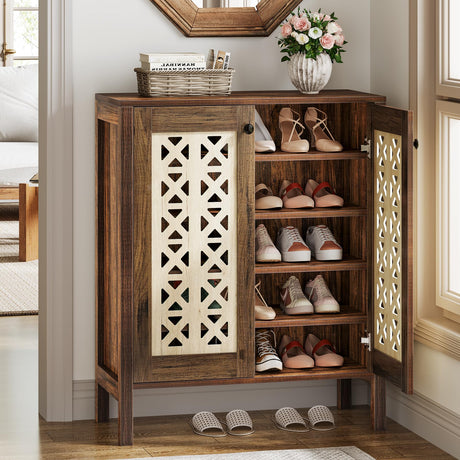 Tribesigns 5-Tier Shoe Cabinet with Doors, 25 Pairs Farmhouse Shoe Organizer, All-Wood Freestanding Shoe Storage Cabinet with Adjustable Shelves for Entryway, Hallway, Living Room, Brown & Beige Tribesigns