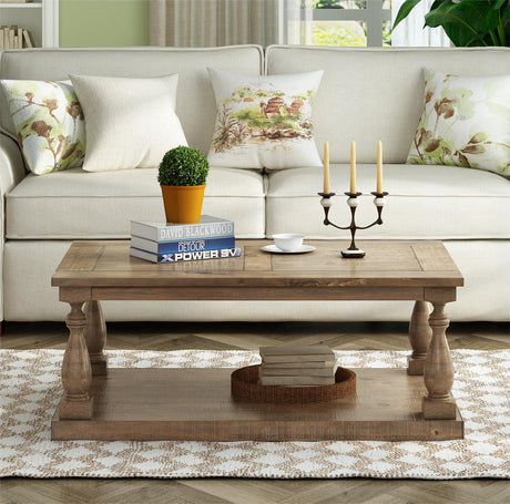 DSHADE Farmhouse Coffee Table Cocktail Table with Floor Shelves Storage Rack, Vintage Solid Pine Table, Thickened Reinforced Rectangular Middle Table for Living Room Office (Walnut) DSHADE