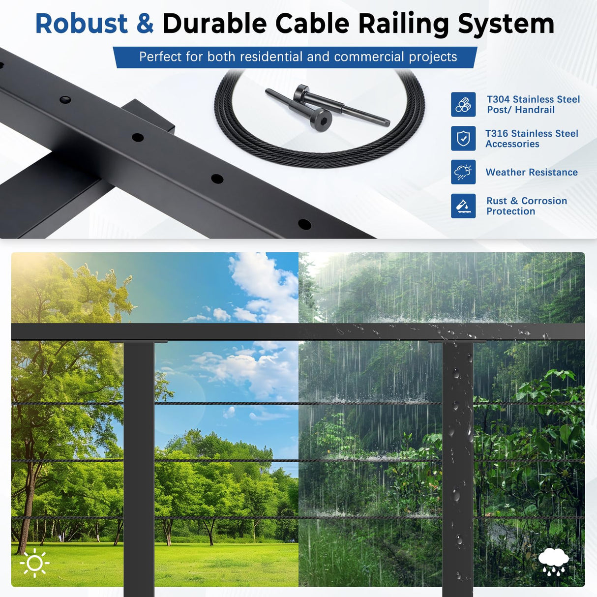 Zylorix 16ft-20ft Complete Set Cable Railing System, 42" Black T304 Stainless Steel Cable Railing Posts Kit with Adjustable Handrail Cable Rail, One-Stop Super Easy DIY for Outdoor Level Decks Zylorix