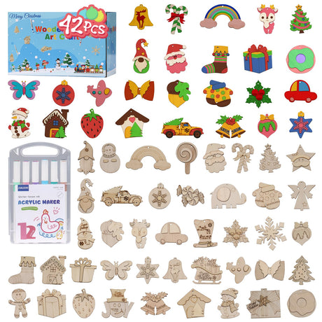 JIALEIXI Wooden DIY Christmas Ornaments, 42PCS Christmas Tree Decorations, Wooden Art Magnets Crafts Painting Kit Hanging Decorations for Home Party Holiday Indoor JIALEIXI