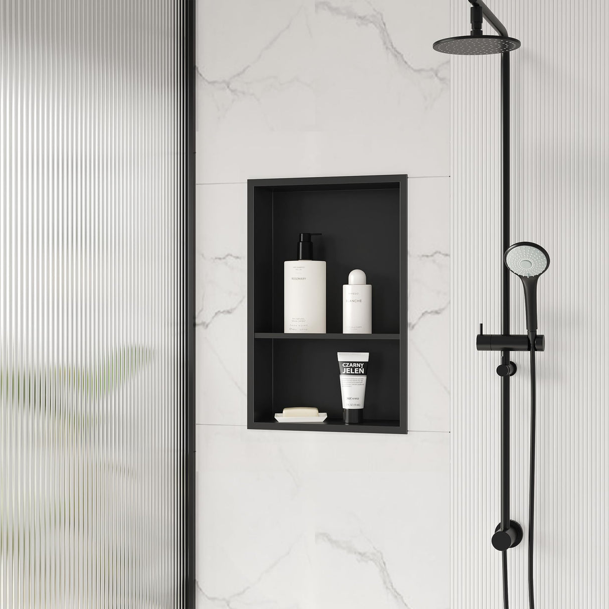 Qeke Stainless Steel Shower Niche 18" X 12", No Tile Needed Wall Niche Double Shelves, Recessed Shower Shelf for Bathroom Storage, Matte Black Qeke