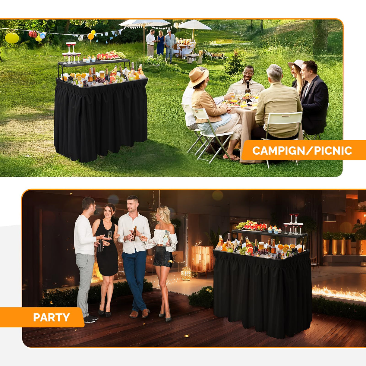 VINGLI Ice Table with Extra Storage Shelf, Portasble Cooler Side Table with Removable Skirt, Patio Table, Indoor & Outdoor Bar for Events, Parties and Camping VINGLI