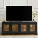 JYED Mid Century Modern TV Stand for TVs up to 75", with Gold Hollow Metal Mesh Decorated, Boho TV Console with Storage Cabinets, Black TV Stand for Living Room, 69.5"x15.6"x24.8" JYED DECOR
