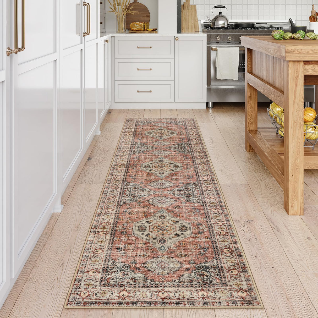 Lahome Oriental Hallway Runner Rug, 2.5x8 Kitchen Runner Non Slip Ultra-Thin, Soft Washable Hallway Rug Distressed Non Shedding Long Carpet for Entryway ‎Laundry Room Bathroom, Peach/Orange Lahome