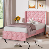 HOMBCK Twin Bed Frame, Upholstered Bed Frame with Diamond Tufted Headboard, Twin Bed Frames for Girls, Cute Princess Bed, Faux Leather, Wooden Slats Support, No Box Spring Needed, Pink HOMBCK