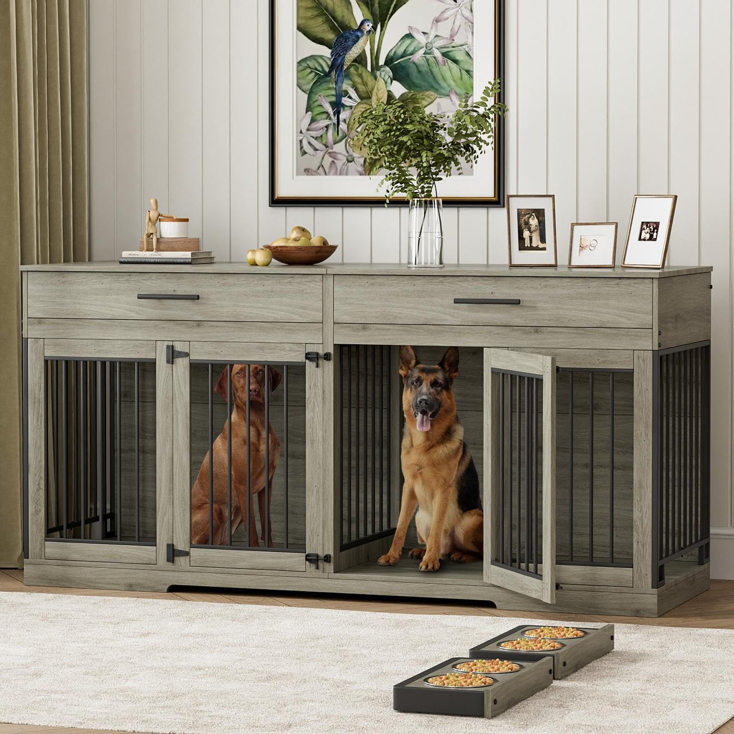 Rophefx Large Dog Crate Furniture for 2 Dogs, 72" Double Dog Kennel Indoor Furniture with 2 Storage Drawers and Removable Divider, Wooden Dog Cage with 4 Bowls, Dog House TV Stand, Rustic Grey