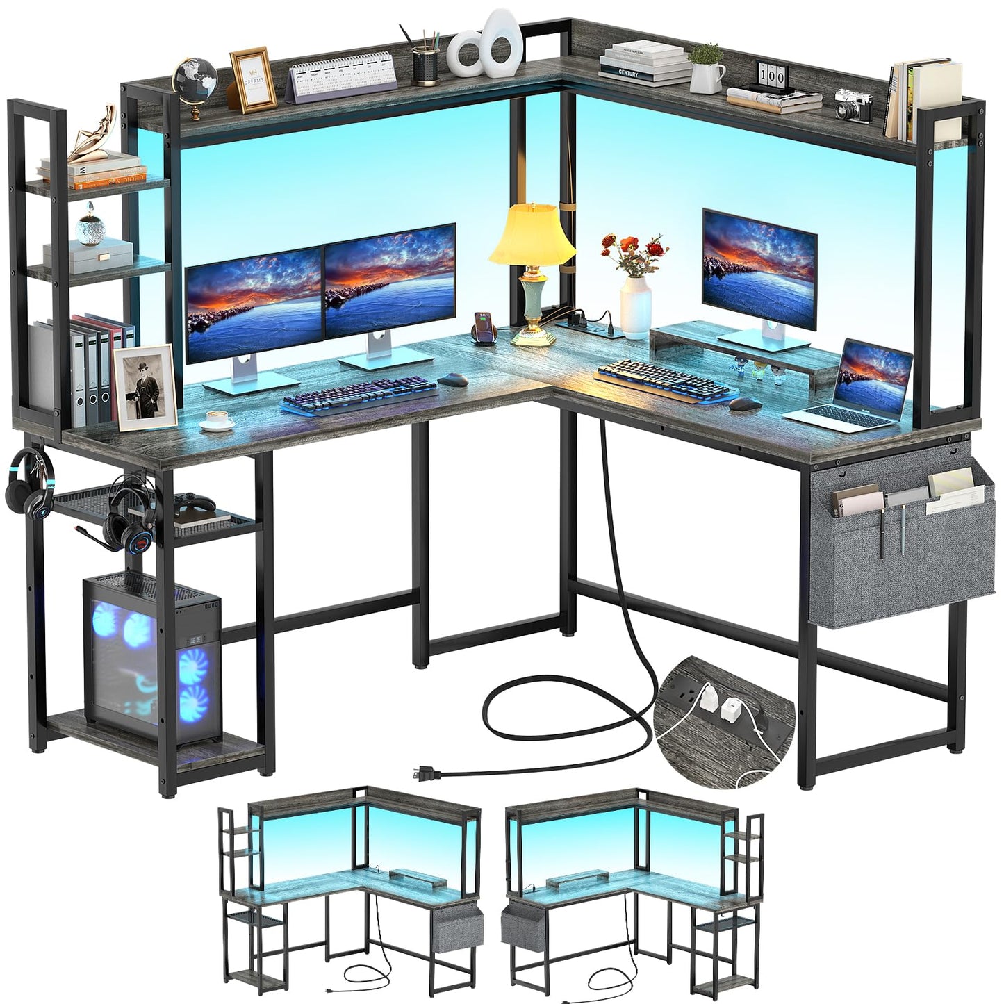 Aheaplus L Shaped Desk with Power Outlet, L Shaped Gaming Desk with Led Light & Hutch, Reversible Home Office Desk, Corner Computer Desk Writing Desk with Monitor Stand & Storage Shelves, Gre - WoodArtSupply