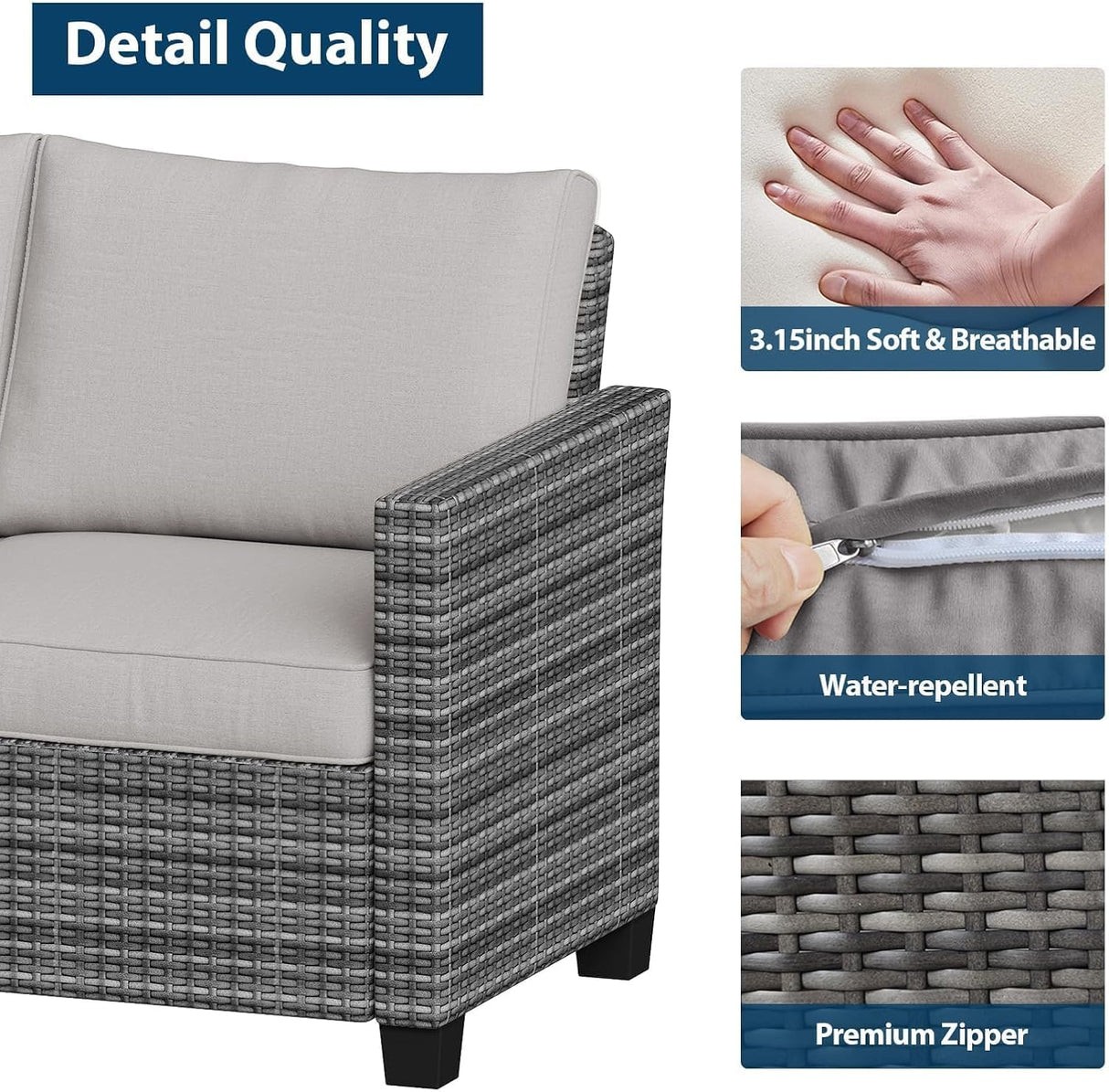 Patio Furniture Sets 6 Pieces, PE Wicker Modern Patio Conversation Set with Storage Cushions for Poolside, Deck, Balcony, Grey + Earthy Grey GAOMON