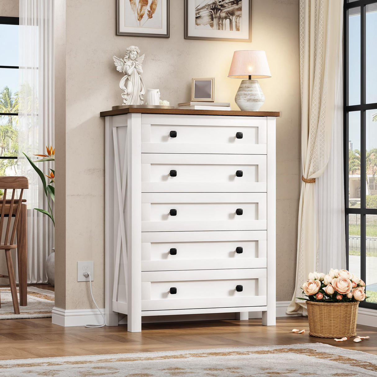 YITAHOME Farmhouse 5 Drawer Dresser for Bedroom with Power Outlets, Modern Tall Nightstand with Deep Drawers, Wood White Closet Dresser for Living Room, Entryway, Hallway YITAHOME