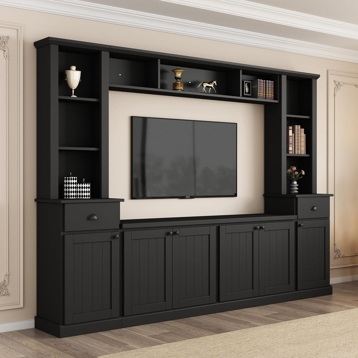 Ball & Cast TV Stand with Cabinets for TVs up to 75",Wall Unit Entertainment Center with Storage and Open Shelves,Modern Media TV Console with 2 Drawers for Living Room,Black Ball & Cast