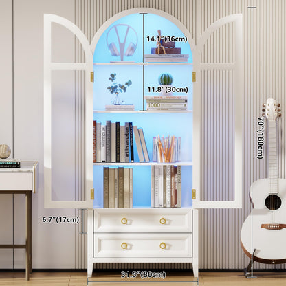 Vlsrka 70 Inch Arched Display Cabinet with Glass Doors, 4-Tier Display Shelves and 2 Drawers, Tall Bookcase with 3 Color Lights, Arched Kitchen Pantry, Curio Cabinet, White