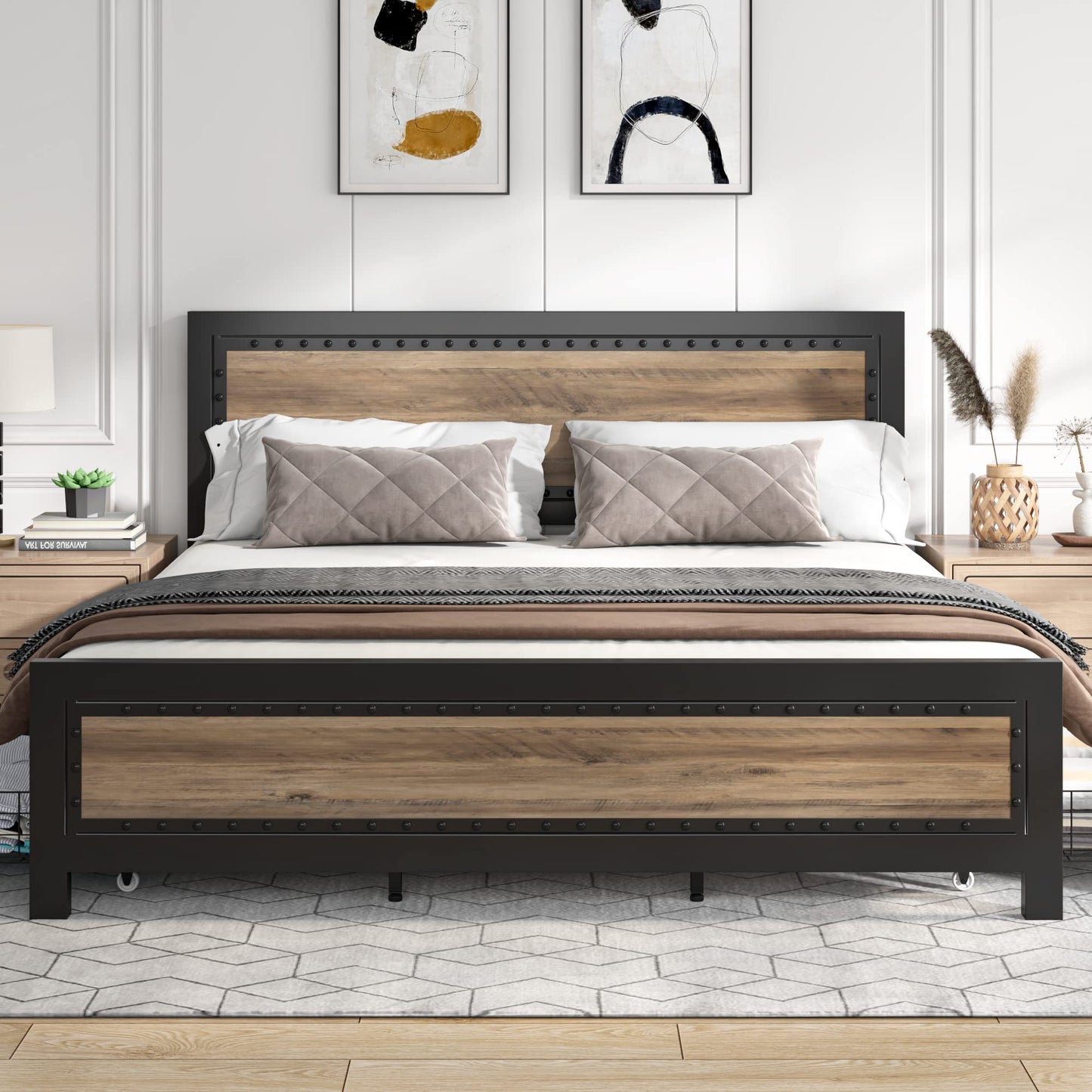 Keyluv Queen Size Bed Frame with 4 Storage Drawers, Rivet Modern Headboard and Footboard Platform Bed with Solid Wood Slats Support, No Box Spring