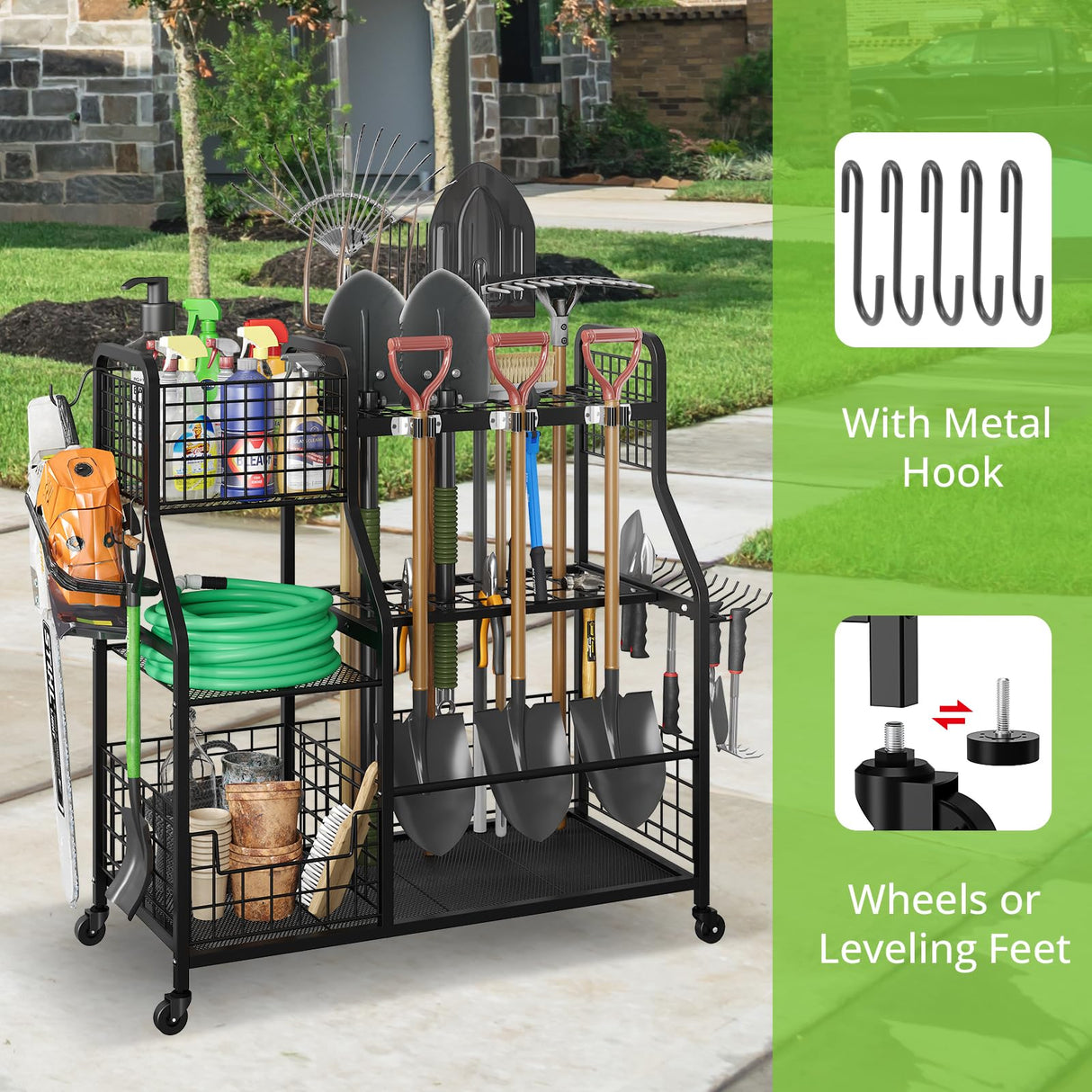 keomaisyto Garden Tool Organizer with Heavy Duty Wheels for Garage - with 2 Baskets, Large Yard Tool Organizer and Storage Holder, Utility Garden Tool Rack for/Shed/Garage/Yard/Basement/Lawn keomaisyto