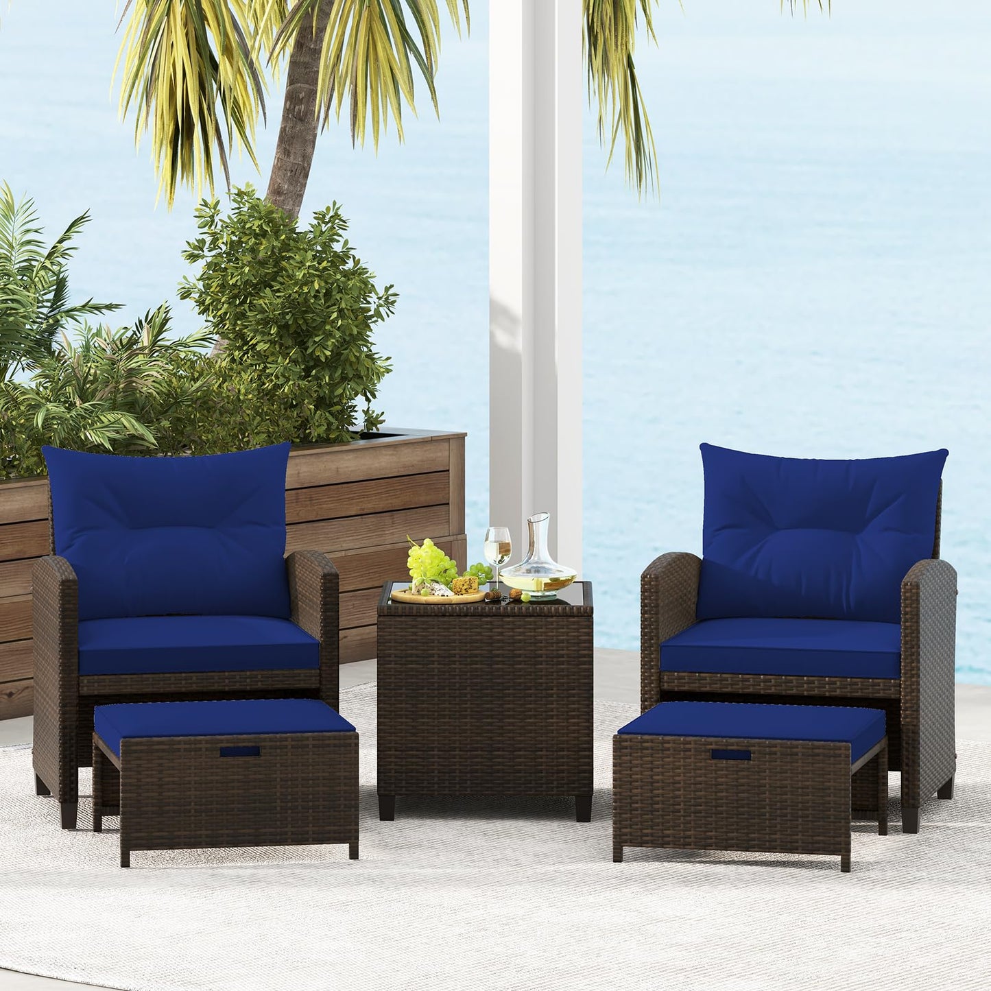 ORALNER 5 Pieces Patio Furniture Set with Ottoman, Wicker Conversation Set w/Cushions, Glass Coffee Table, Outdoor Rattan Lounger Chairs Bistro Set for Porch Balcony Garden Deck Poolside (Nav - WoodArtSupply