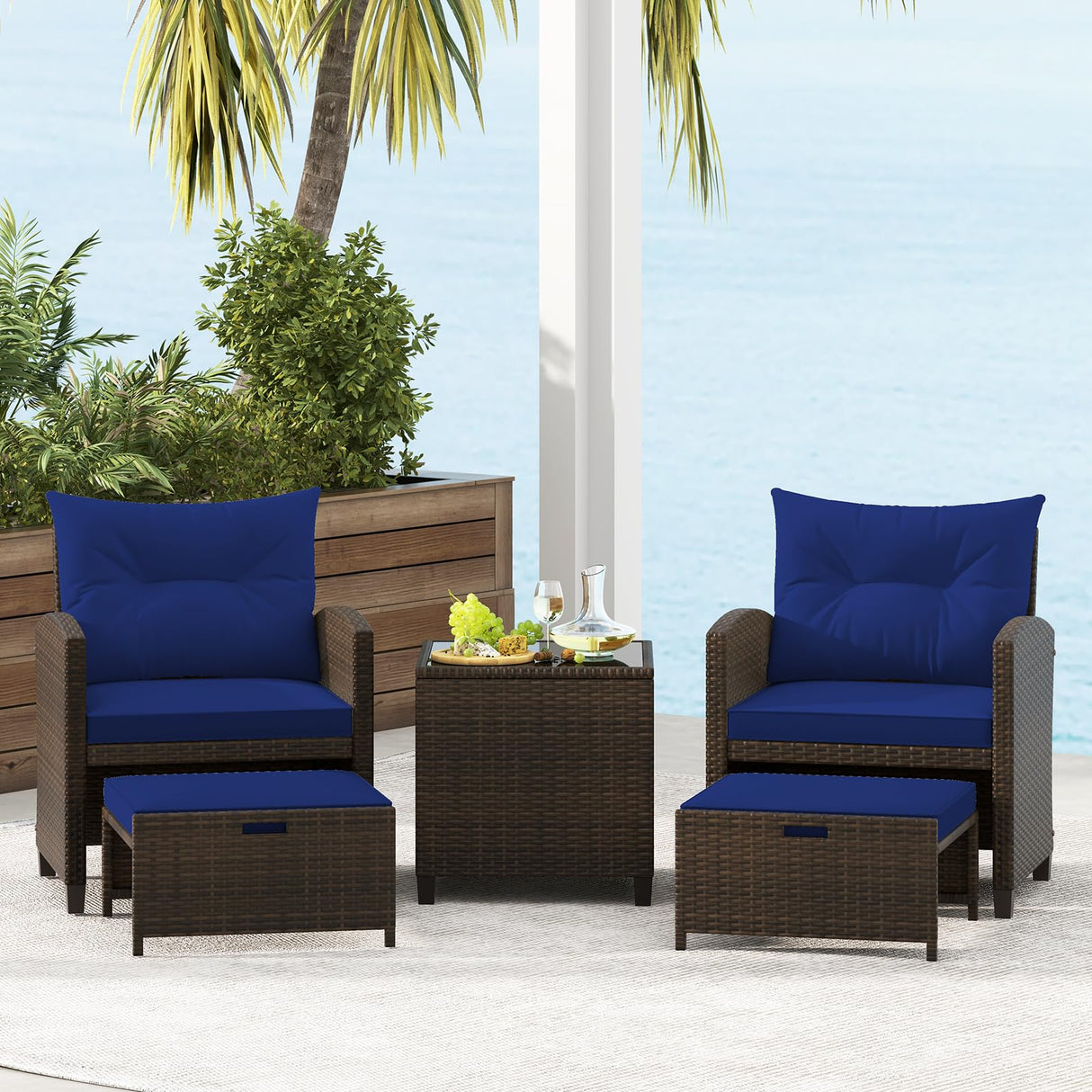 Tangkula 5 Piece Patio Rattan Furniture, Wicker Cushioned Chairs Set w/ 2 Ottomans & Tempered Glass Coffee Table, for Poolside, Backyard, Lawn, Deck (Mix Brown+Navy) Tangkula