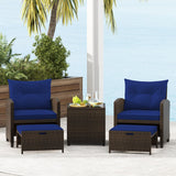 Tangkula 5 Piece Patio Rattan Furniture, Wicker Cushioned Chairs Set w/ 2 Ottomans & Tempered Glass Coffee Table, for Poolside, Backyard, Lawn, Deck (Mix Brown+Navy) Tangkula