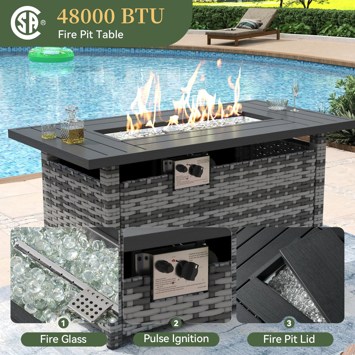 Aoxun 8 Piece Patio Furniture Set with 44” Fire Pit Table Paito Conversation Set Wicker Rattan Outdoor Sectional Sofa Set with Waterproof Cover and Thickened Cushions (Grey/Blue) Aoxun