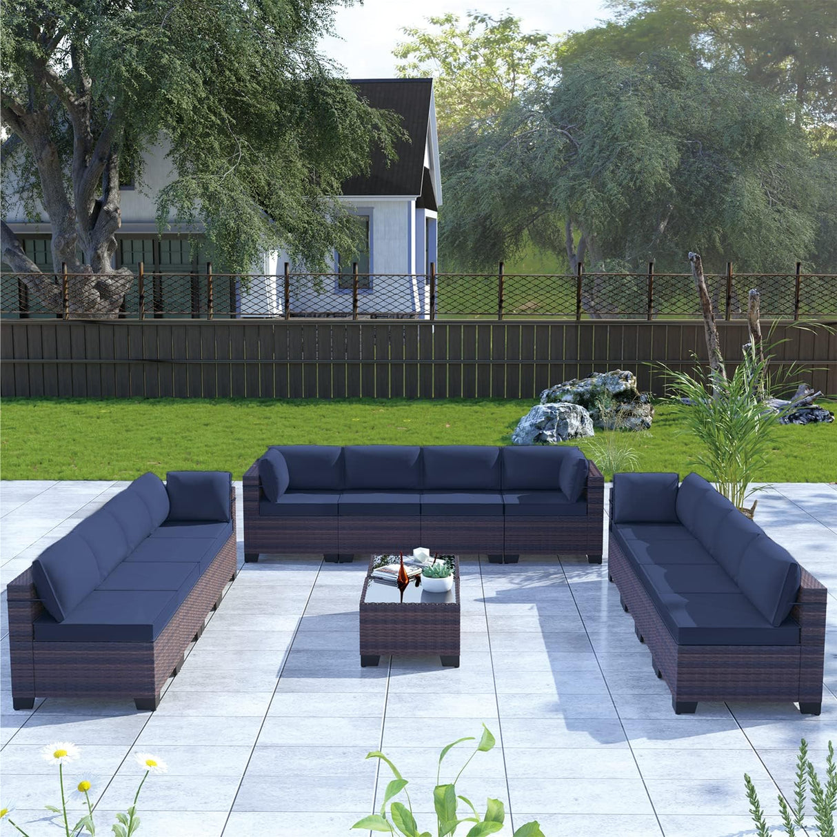 Kullavik 14PCS Outdoor Patio Furniture Set PE Wicker Rattan Sectional Sofa Patio Conversation Sets,Navy blue Kullavik