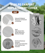 GarveeLife 20'x 10'x 11' Windproof Carport Top Replacement Cover Grey Heavy-Duty Garage Top Tent Shelter Tarp Waterproof & UV Protected (Top Cover ONLY, Frame Not Included) White GarveeLife