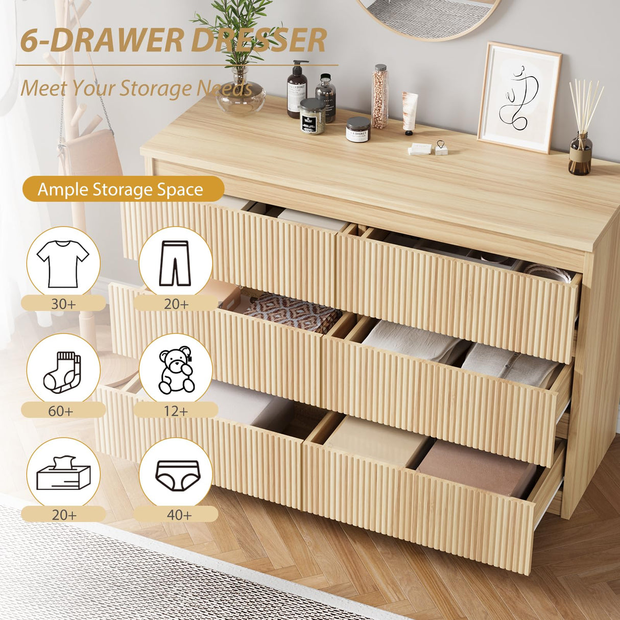 Jocoevol 6 Drawer Dresser for Bedroom, Boho Fluted Dresser with Deep Drawers, Large Double Natural Wood Chest of Drawers for Living Room, Hallway, Entryway (Wood) Jocoevol