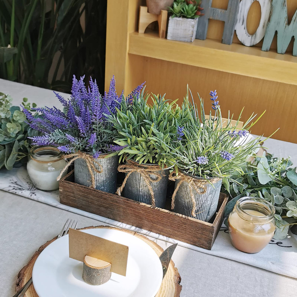 Set of 3 Small Potted Plants Arrangement Artificial Lavender and Grass Plants in Rustic Galvanized Metal Pots with Decorative Wood Tray for Farmhouse Table Centerpiece Windowsill Indoor Greenery Decor Winlyn