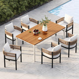 Grand patio 7-Piece Outdoor Dining Set for 6, Metal Woven Wicker Fixed Patio Chairs with Thickened Cushions & 1 Walnut-Like Aluminum Dining Table with Umbrella Hole for Backyard Deck Grand patio