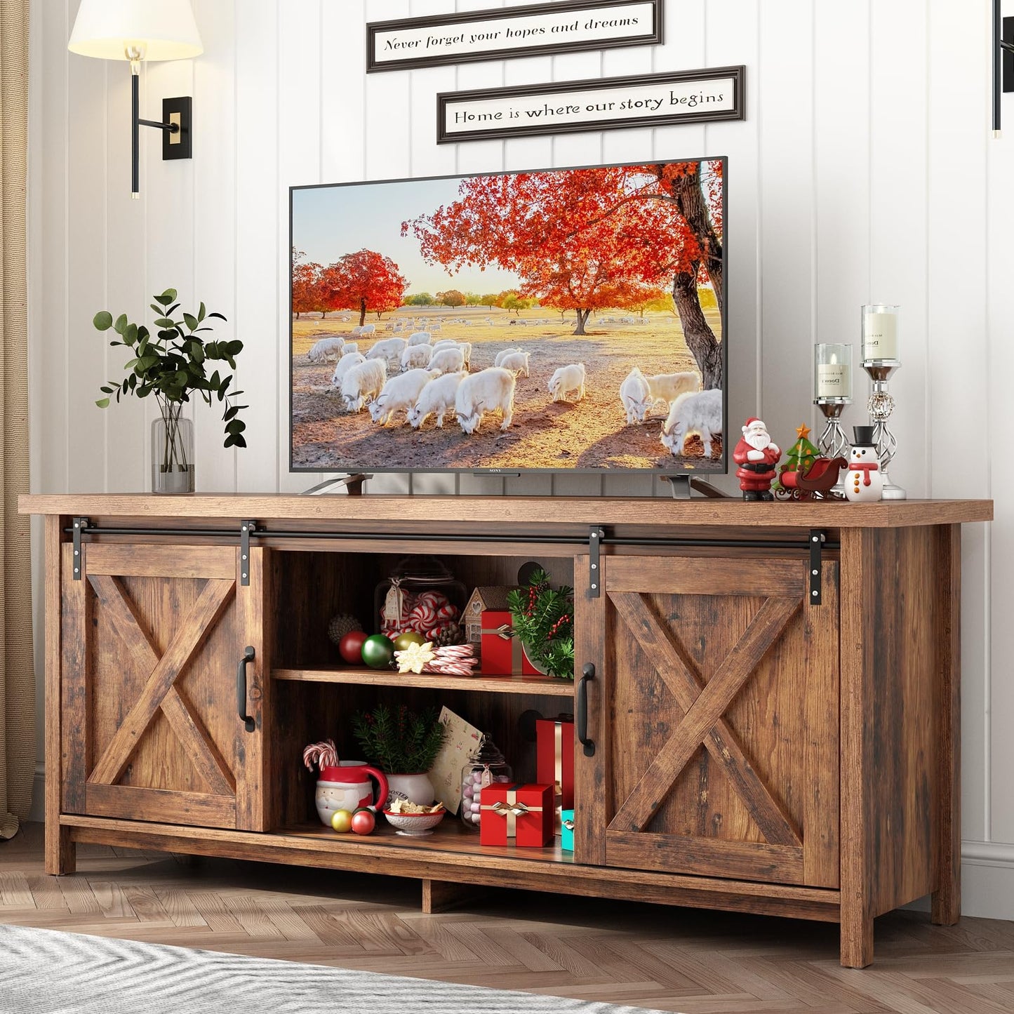 Elibeauty Rustic Brown Farmhouse TV Stand for 50-65 Inch TVs with Adjustable Shelves and Sliding Barn Doors