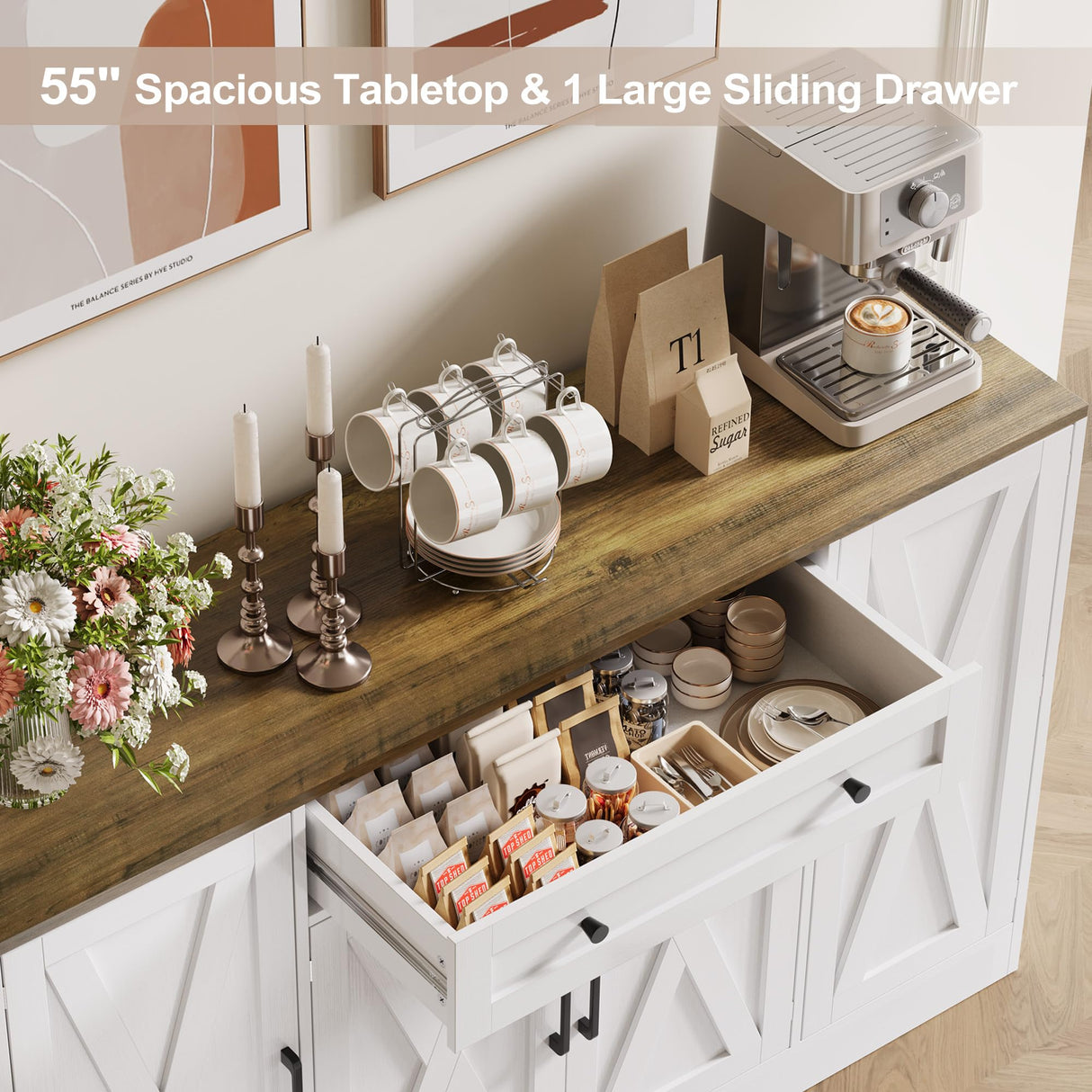 Buffet Cabinet with Storage, 55" Large Sideboard Storage Cabinet with Drawer, 4 Doors and Shelves, Modern Farmhouse Coffee Bar Table Kitchen Island Credenza for Kitchen, Entryway, Dining, Living Room Vividwood