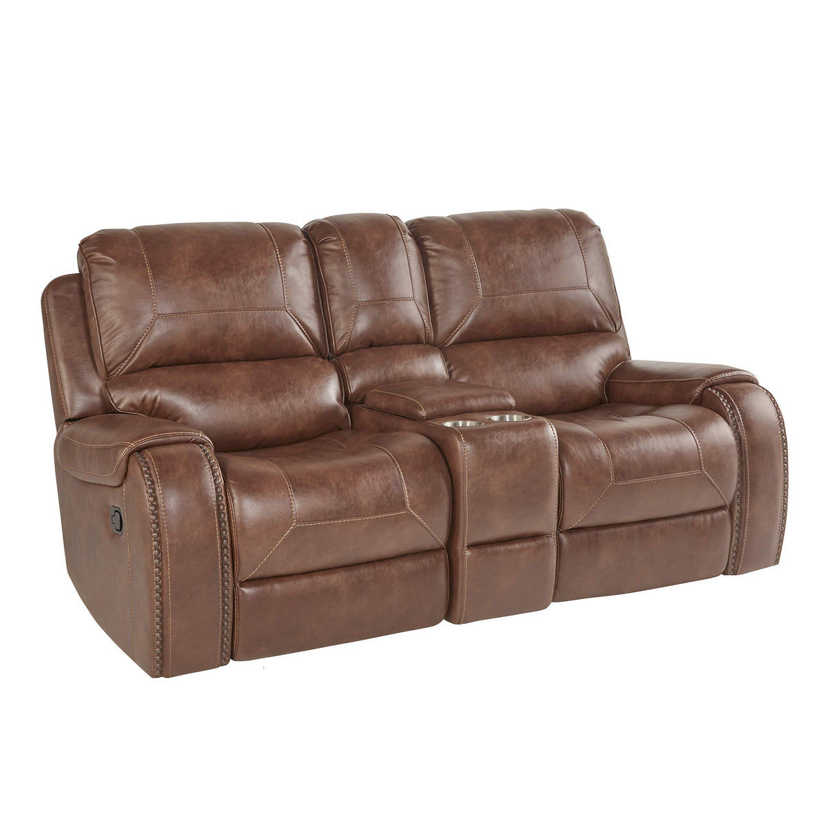 Roundhill Furniture Achern Brown Leather-Air Nailhead Manual Reclining Sofa and Loveseat with Storage Console and USB Port Roundhill Furniture