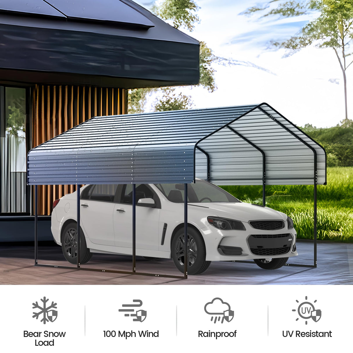 10'x15' Heavy Duty Metal Carport, Outdoor Garage Car Shelter Shade with Heavier Metal Frame, Galvanized Metal Roof for Car and Boats, Grey Real Relax