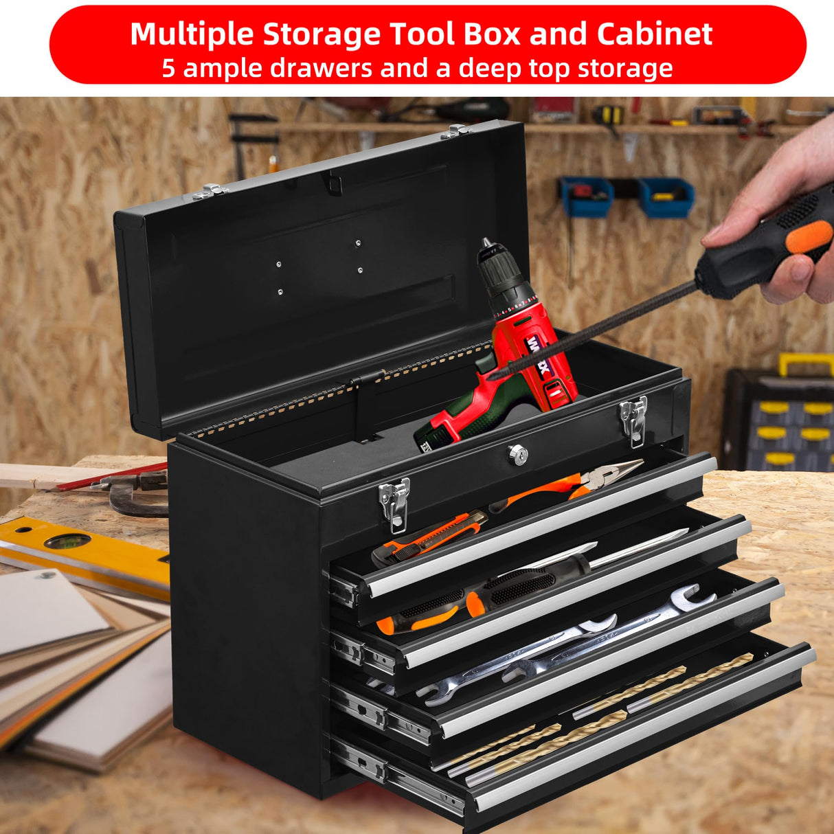 Runboll Portable Tool Chest Metal 4-Drawer Tool Cabinet 20" Steel Tool Storage Box Organizer with Metal Cylinder Lock and Latch Closure, for Home Improvement, Auto Mechanics Runboll