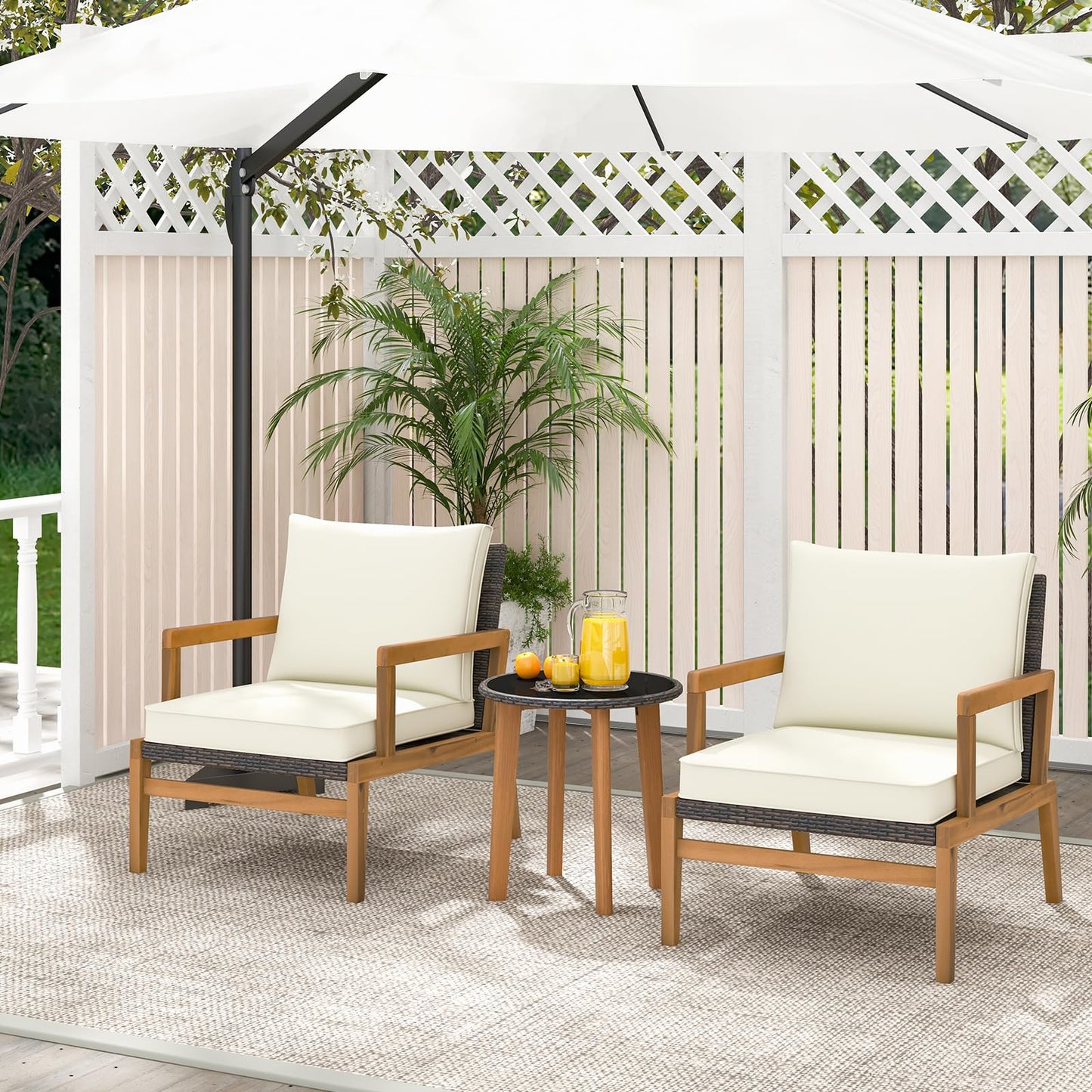 Tangkula 3 Piece Patio Chair Set, Wicker Chair & Side Table Set with Soft Cushions & Tempered Glass Tabletop, Solid Wood Support, Outdoor Rattan Furniture Set for Porch, Backyard, Poolside - WoodArtSupply