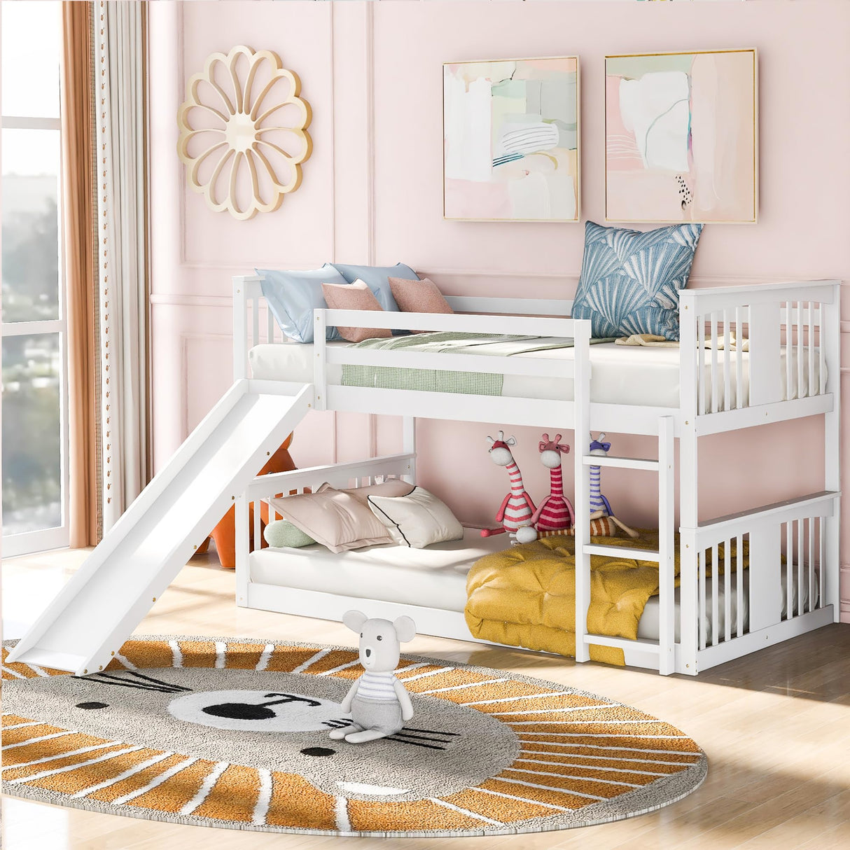 Montessori Floor Bunk Bed Twin Over Twin, Twin Bunk Bed with Slide and Ladder, Kids Bunk Beds with Guardrail Headboard and Footboard, Low Bunk Beds for Kids, Boys, Girls, Twin Bunk Bed White Bellemave