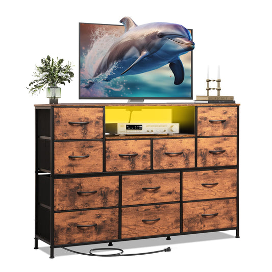 AMISEN TV Stand Dresser with 12 Drawers, Up to 51" Dresser TV Stand with Power Outlets, Bedroom Dresser, Chest of Drawers for 60'' Long TV, Entertainment Center for Living Room (Rustic Brown)