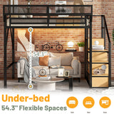 MoproBeti Full Size Loft Bed with Stairs, Metal Loft Beds Full with Storage Shelves, Adults Loft Bed with Wardrobe, Heavy Duty High Lofted Bed for Teens, No Box Spring Needed, No Noise, Black MoproBeti