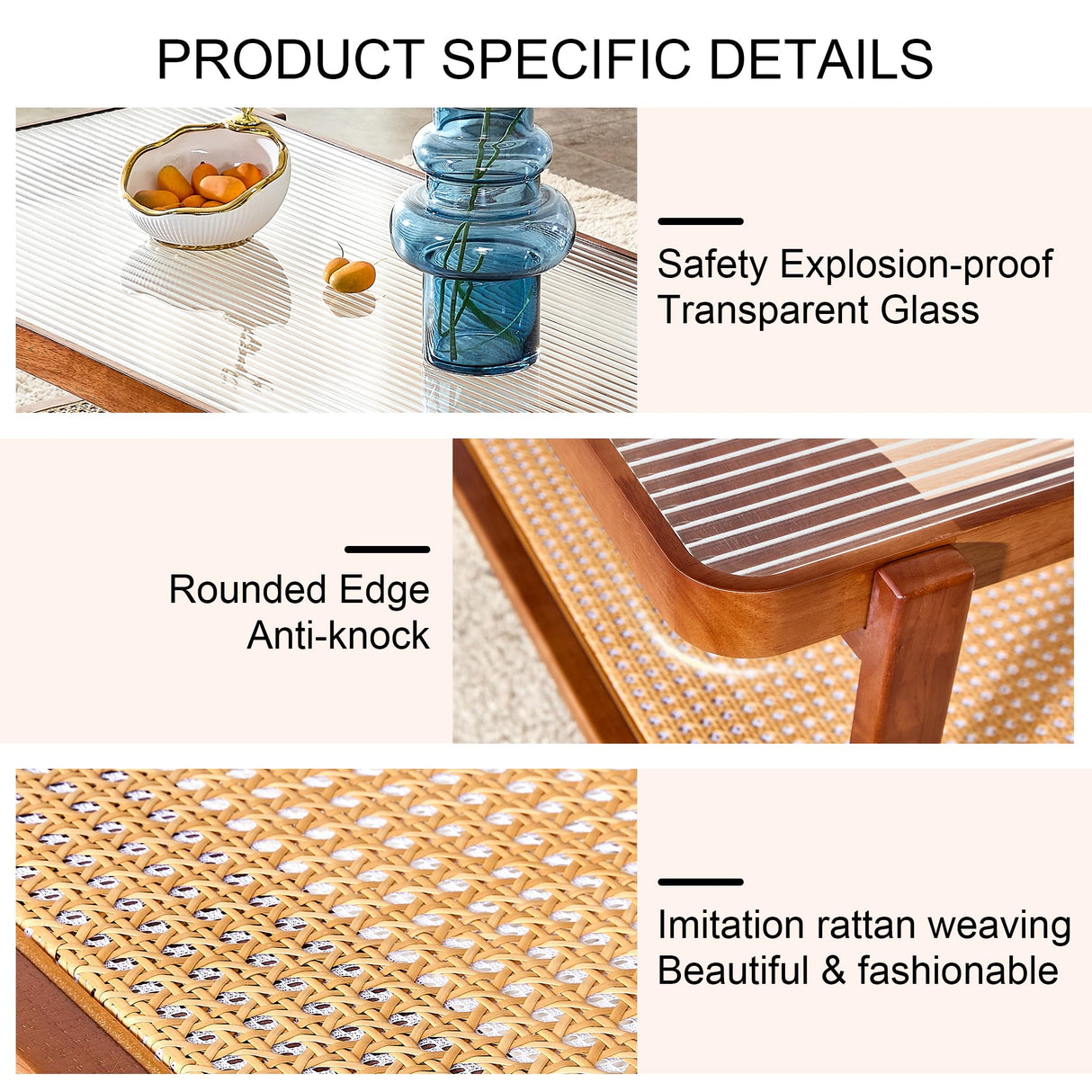 Ganooly Mid Century Modern Coffee Table with Ribbed Glass Top and PE Rattan Storage Shelf, 45 Inch Rectangular Solid Wood Boho Coffe Table, Unique Center Table for Livinig Room Apartment Small Space Ganooly