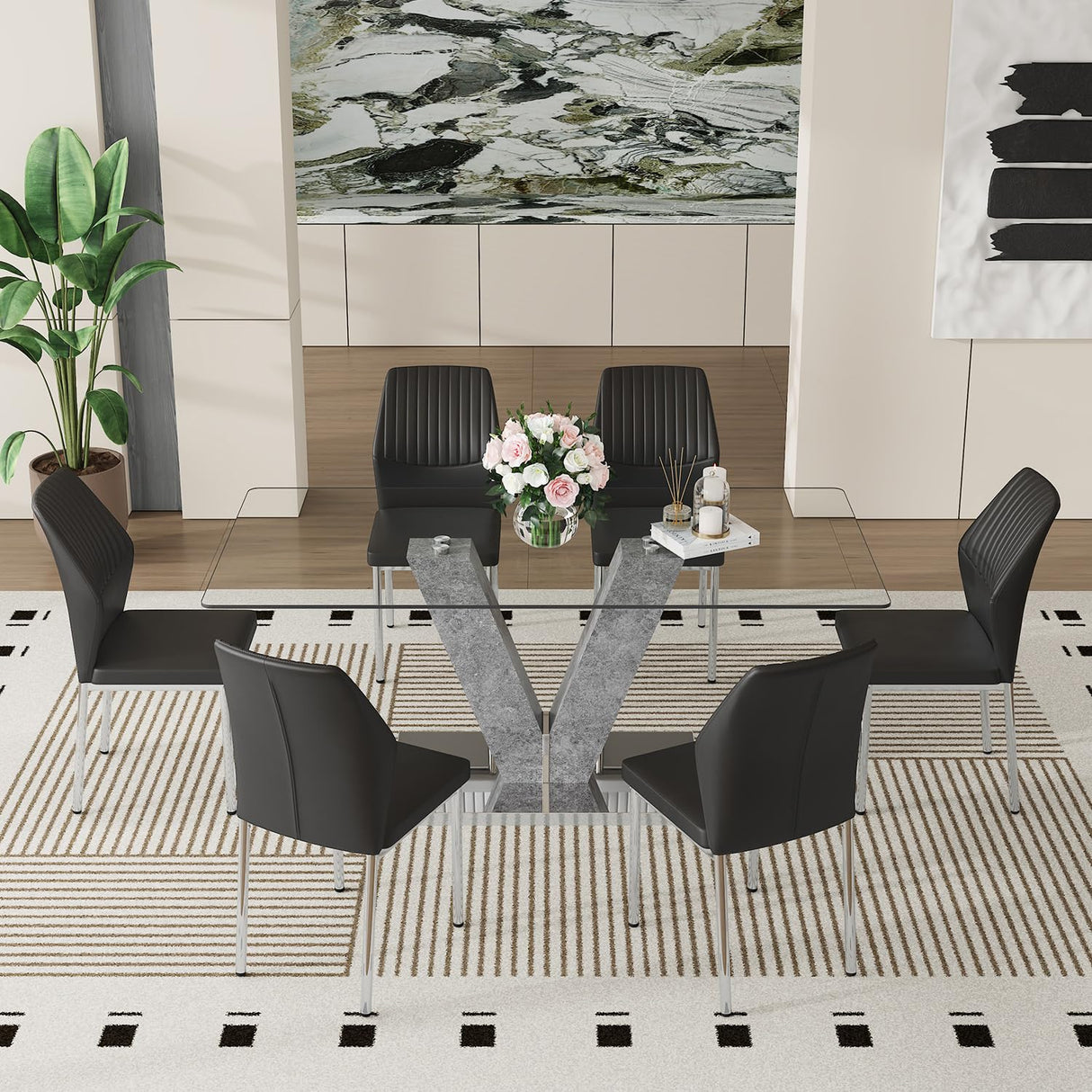 Rejeke 71" Glass Dining Table Set for 6, 7-Piece Dining Table Set with Chairs & Rounded-Corner Tempered GlassTabletop, Glass Kitchen Tables and Chairs Sets for 6 Ideal for Kitchen Dining Room Rejeke