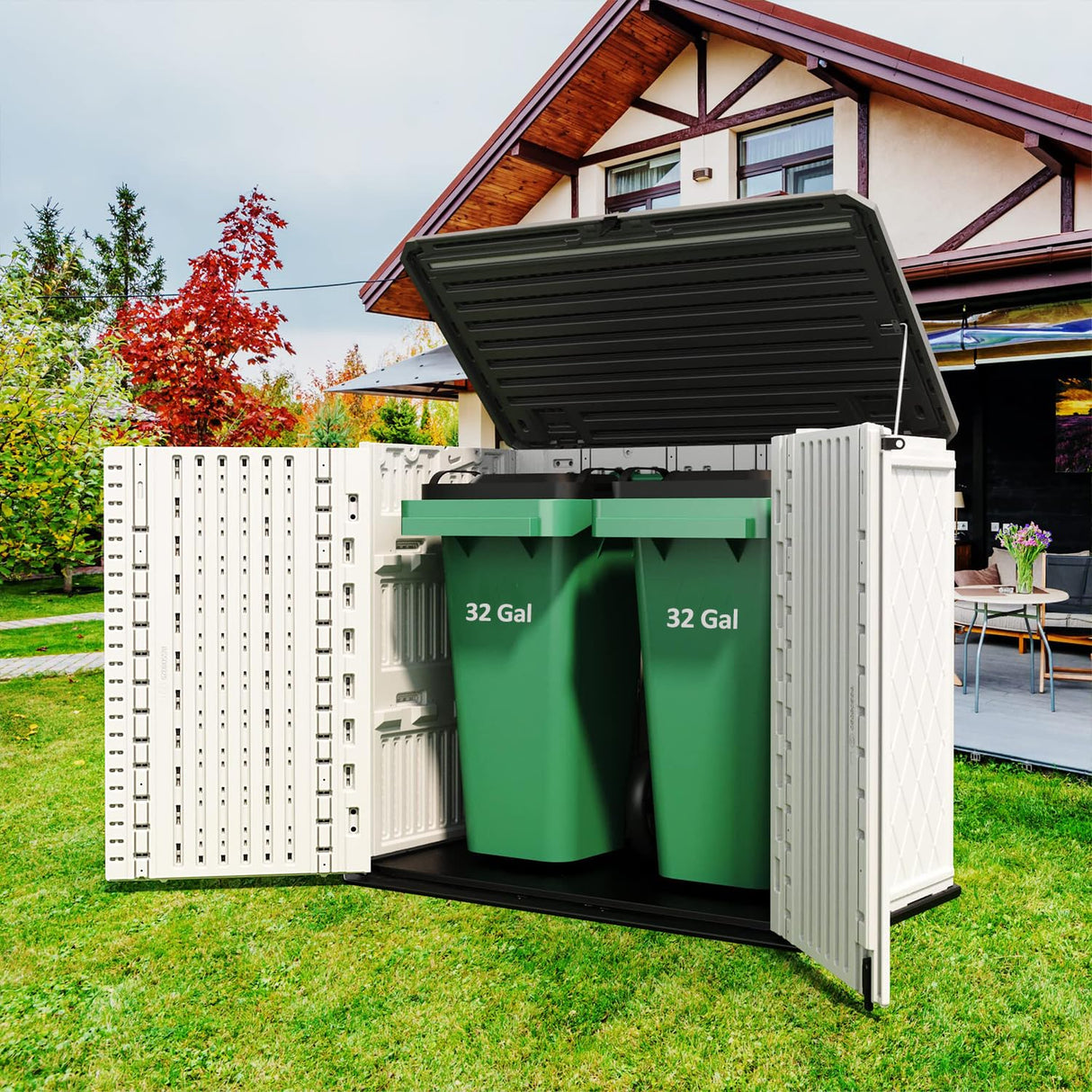 ADDOK Horizontal Storage Shed Outdoor with Floor, Plastic Outdoor Storage Box for Garden Backyard Patio Lawn, 27 Cuft Capacity All-Weather Construction for Bike Lawnmover Trash Can, Off-White ADDOK