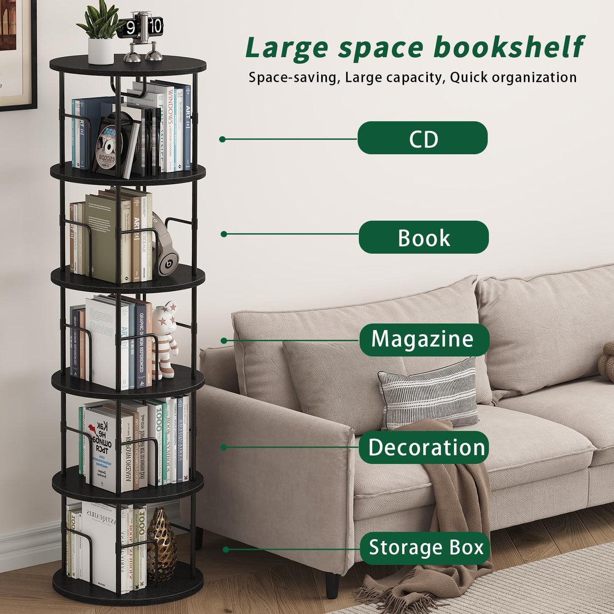 5Tier Rotating Bookshelf, 360 ° Display Stackable Spinning Bookshelf Tower, Narrow Space Saving Tall Floor Standing Swivel Bookcase Corner Storage Organizer for Bedroom/Living Room/Office，Black swlongbooks