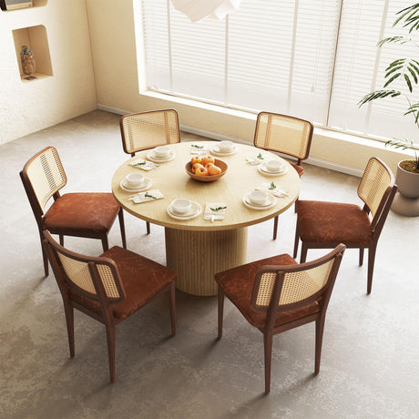 47 Inch Round Dining Table, Farmhouse Fluted Dining Kitchen Table, Modern Wood Small Circle Dining Table for Kitchen Living Room, Natural PHOYAL