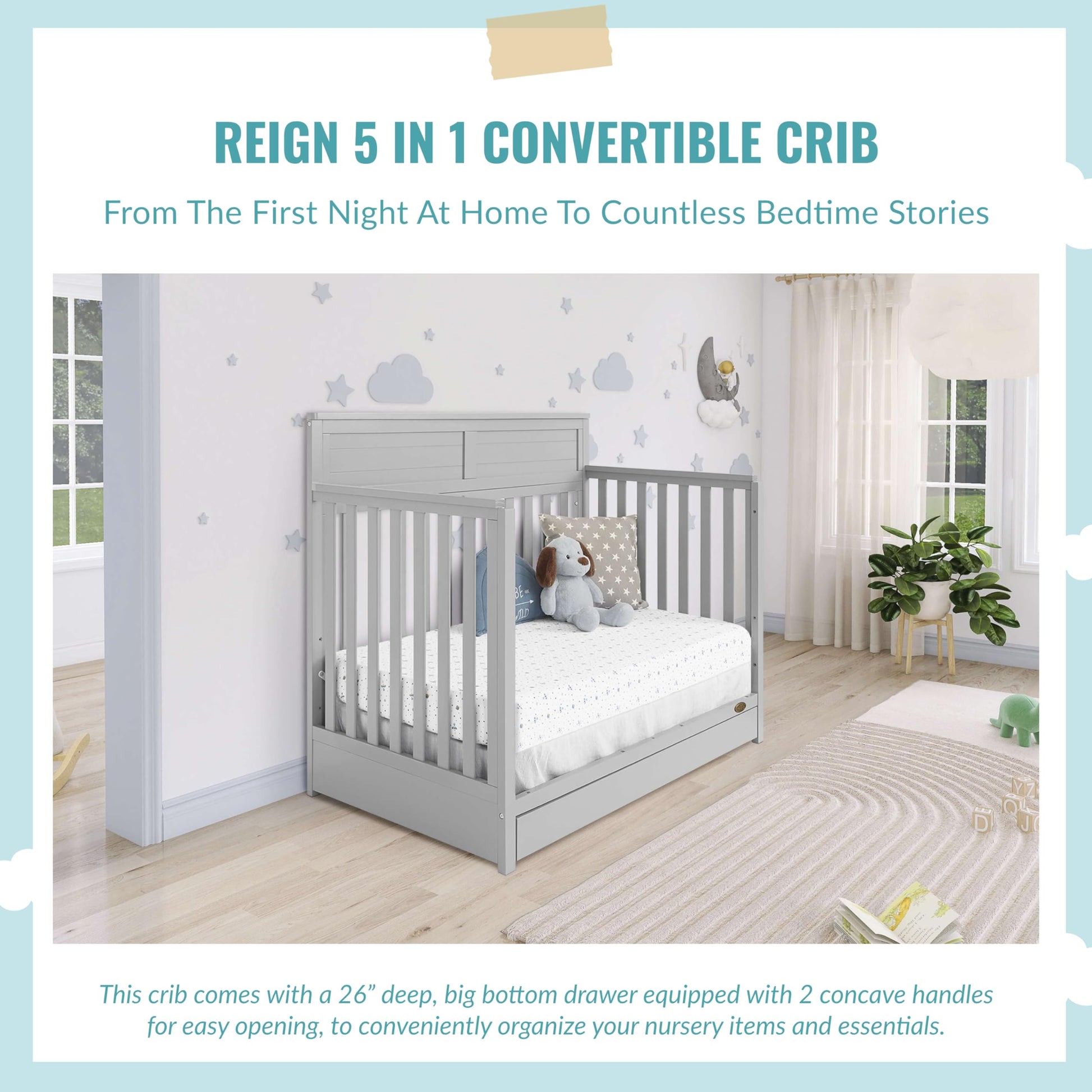 Dream On Me JPMA & Greenguard Gold Certified Reign 5 in 1 Convertible Crib with Under Drawer in Pebble Grey, Made of Sustainable Pinewood, Non-Toxic Water-Based Paint Finish - WoodArtSupply